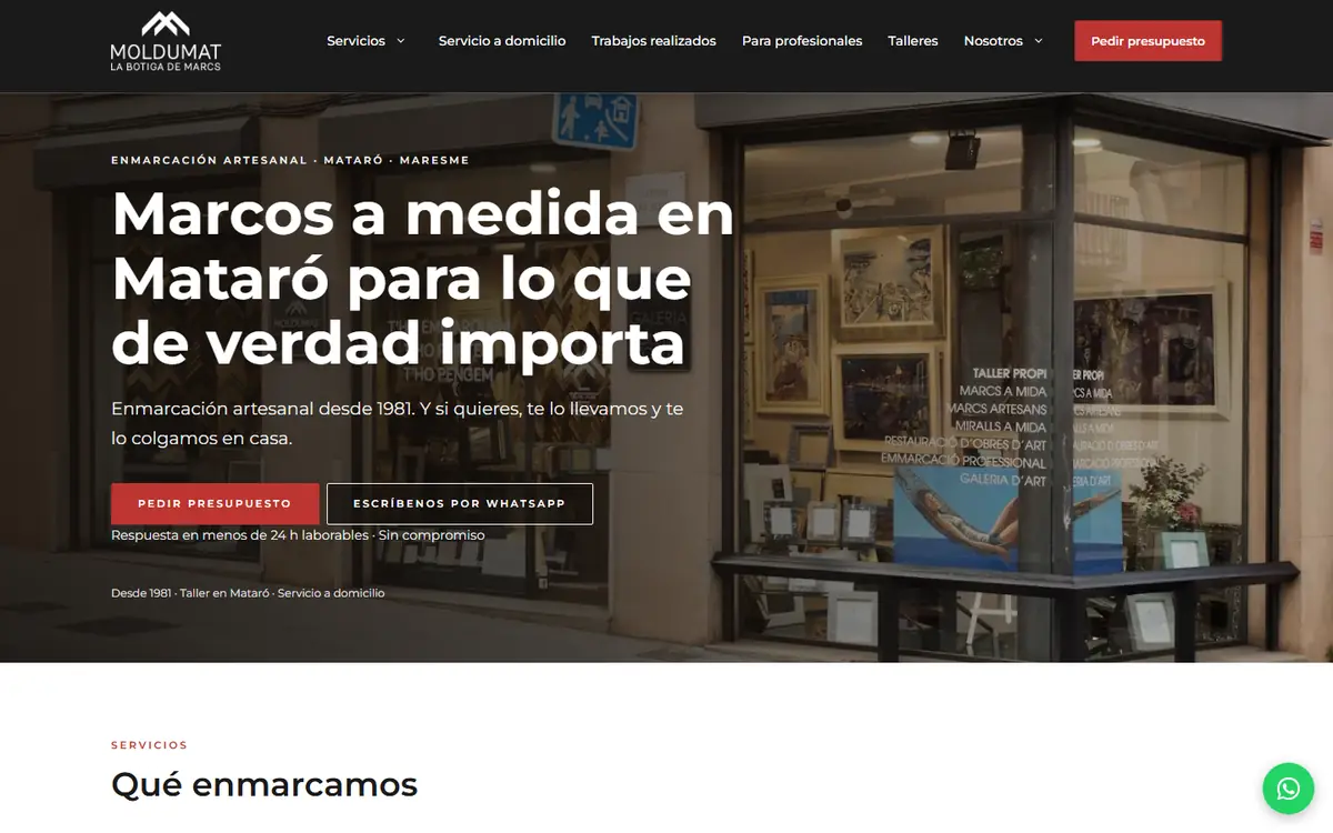 Portada de moldumatart.com: marcos a medida en Mataró
