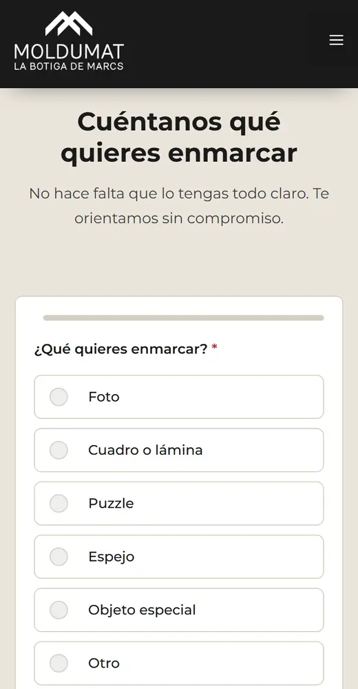 Formulario de presupuesto de moldumatart.com en el móvil